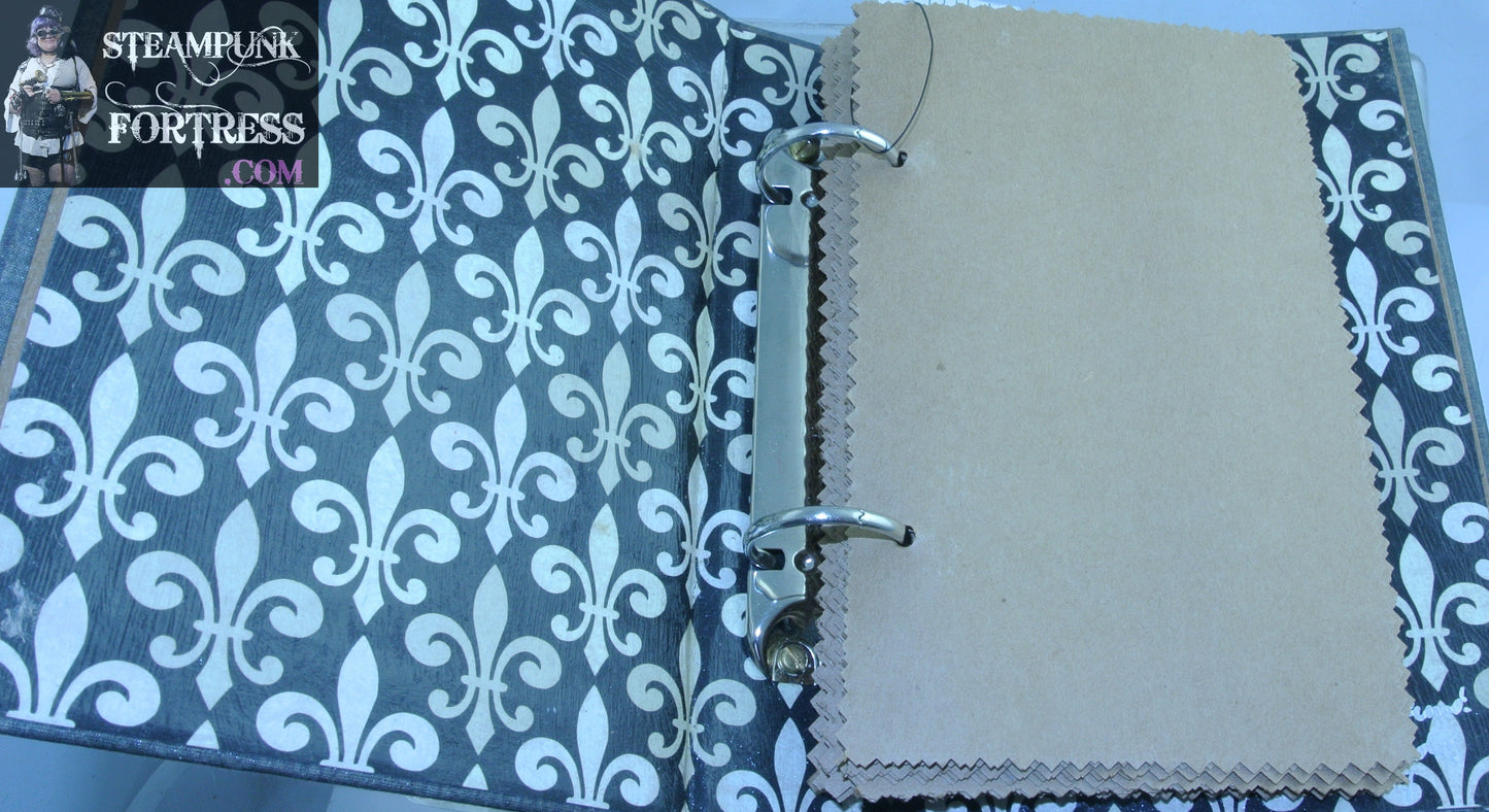 HANDMADE SILVER GREY GRAY JOURNAL DIARY NOTEBOOK 2 HOLE RING BINDER GUNMETAL STUDS SPIKES COPPER SPOKE WATCH CLOCK GEARS BRASS ROUND GEARS UNLINED HAND CUT PAGES BLACK CREAM FLEUR DE LIS LINING STARR WILDE STEAMPUNK FORTRESS
