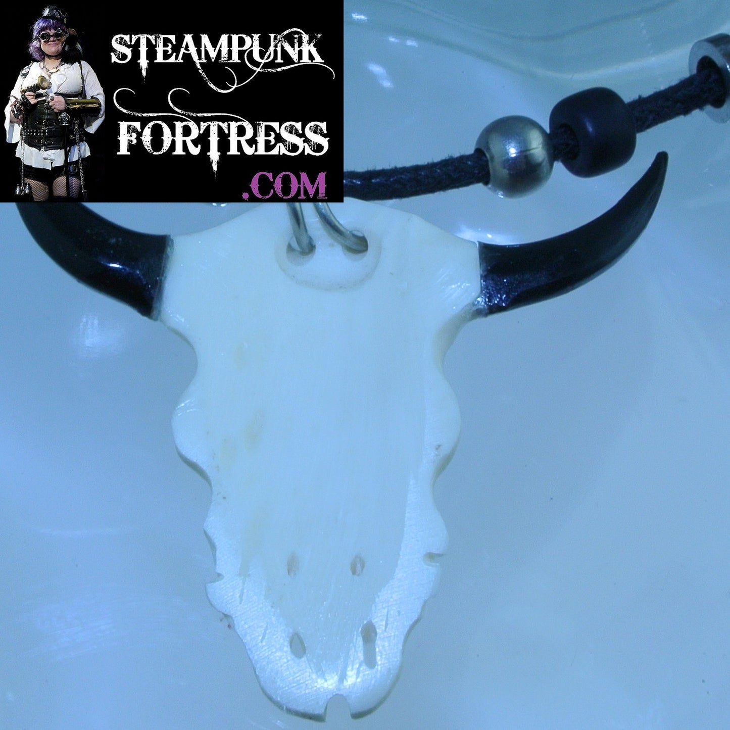 BLACK COW STEER SKULL CARVED IVORY BONE BLACK CORD NECKLACE STARR WILDE STEAMPUNK FORTRESS TEXAS LONGHORN