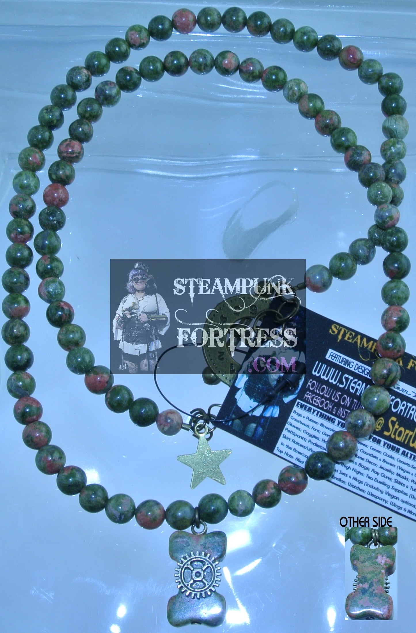 BRASS UNAKITE GEMSTONES STONES DOG BONE BRASS GEAR ROUNDS NECKLACE SET AVAILABLE STARR WILDE STEAMPUNK FORTRESS 2 SIDED REVERSIBLE
