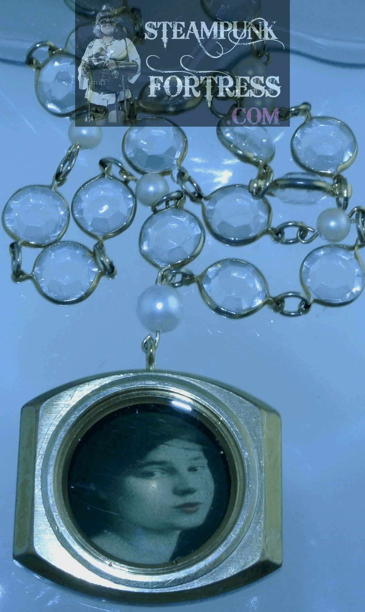 BRASS VINTAGE LADIES BRUNETTE SOLEMN GOLD AUTHENTIC GENUINE CLOCK WATCH CASE PEARLS CLEAR CRYSTALS NECKLACE STARR WILDE STEAMPUNK FORTRESS