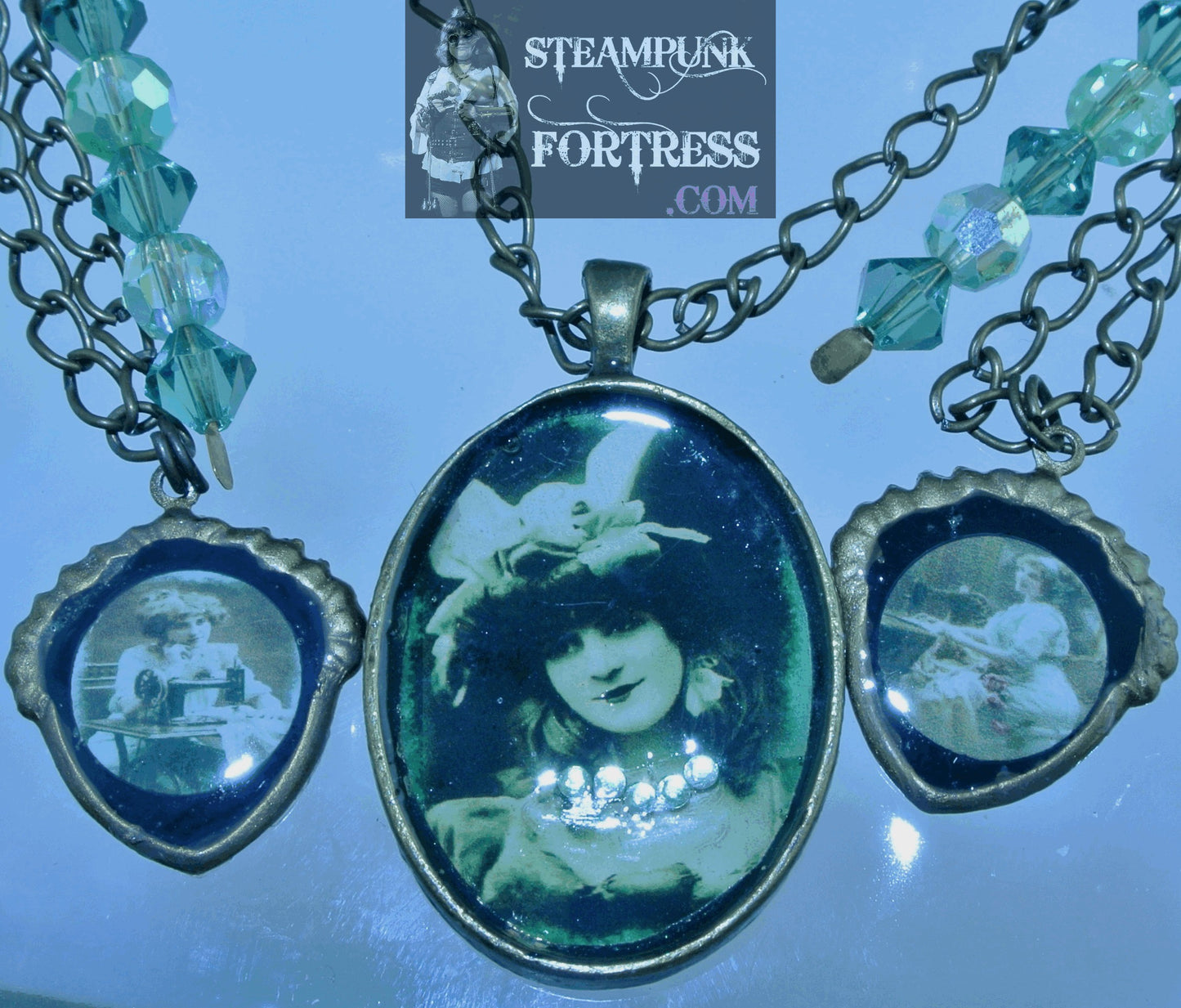 BRASS VINTAGE LADIES GREEN HAT 2 SHIELDS GREEN SWAROVSKI CRYSTALS NECKLACE STARR WILDE STEAMPUNK FORTRESS