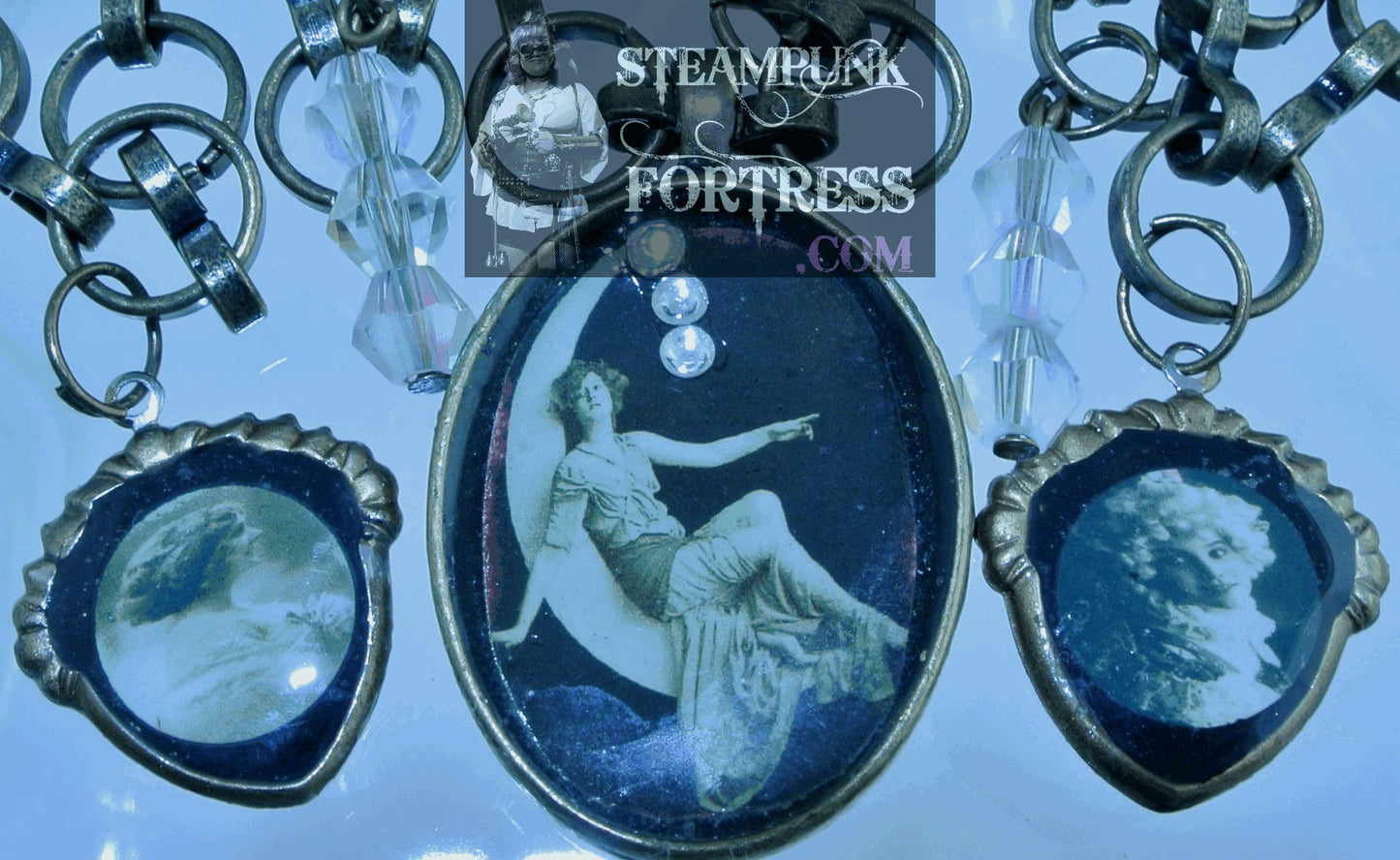 BRASS VINTAGE LADIES LADY IN MOON 3 CLEAR SWAROVSKI CRYSTALS 2 SHIELDS NECKLACE STARR WILDE STEAMPUNK FORTRESS