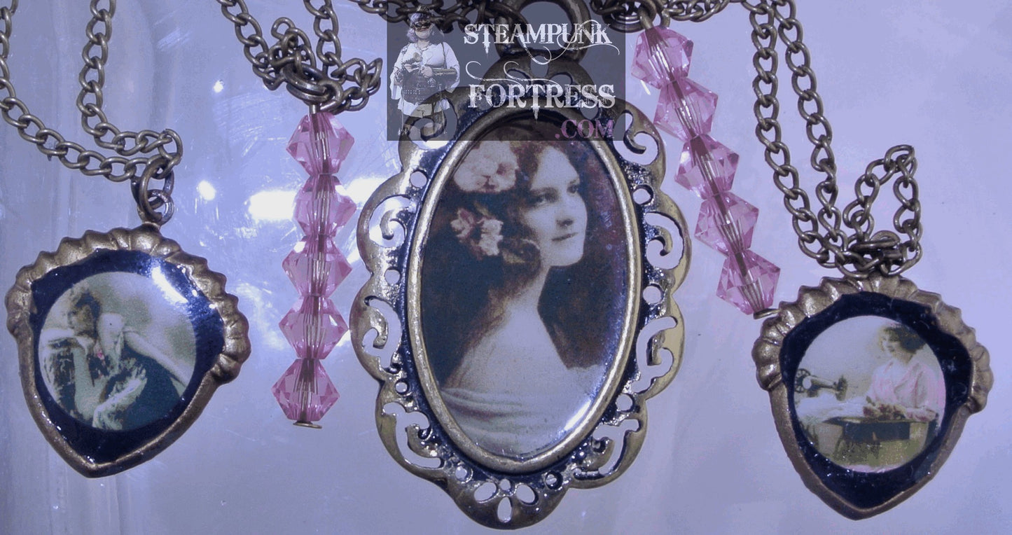 BRASS VINTAGE LADIES WHITNEY MOULIN ROUGE 2 SHIELDS PINK SWAROVSKI CRYSTALS FANCY NECKLACE SET AVAILABLE STARR WILDE STEAMPUNK FORTRESS