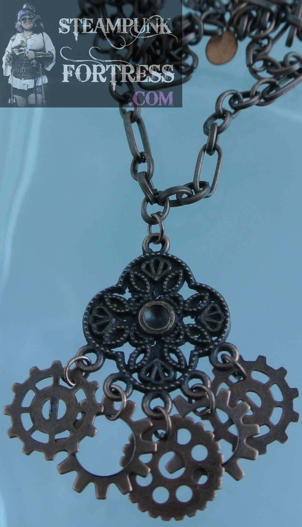 COPPER CLOVER FOCAL DROP 4 SIDED DROP 5 GEARS NECKLACE STARR WILDE STEAMPUNK FORTRESS