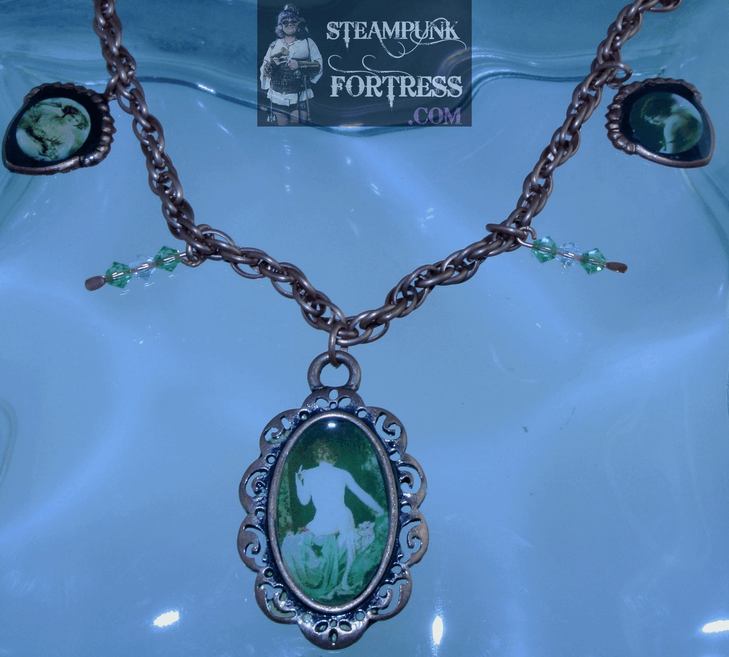 COPPER BRIGHT VINTAGE LADIES GREEN NUDE BACK LADY 2 SHIELDS GREEN SWAROVSKI CRYSTALS FANCY NECKLACE SET AVAILABLE STARR WILDE STEAMPUNK FORTRESS
