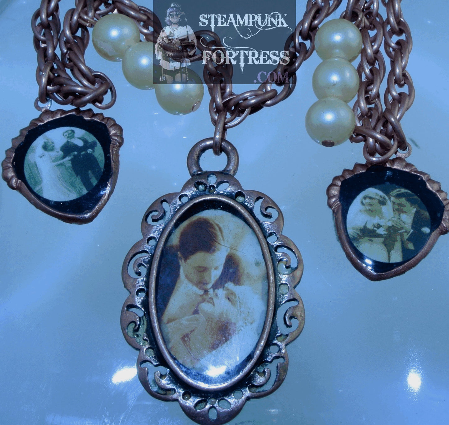 COPPER BRIGHT VINTAGE LADIES WEDDING COUPLE SEATED SEPIA BRIDAL BRIDE GROOM 2 SHIELD COUPLES 4 SETS 3 PEARLS FANCY NECKLACE STARR WILDE STEAMPUNK FORTRESS