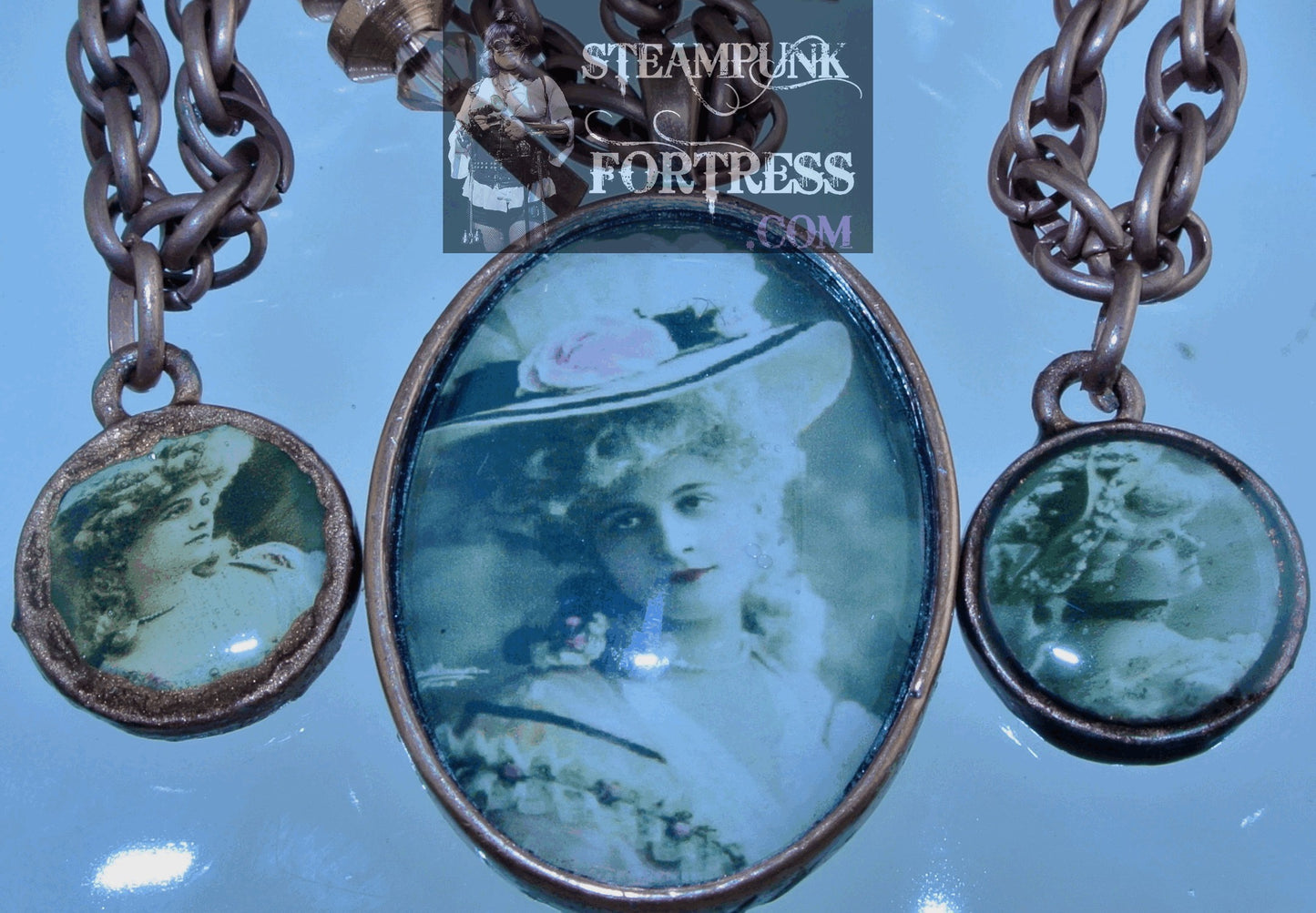 COPPER BRIGHT VINTAGE LADIES WHITE WIG HAT LADY 2 ROUND WIGS PEACH SWAROVSKI CRYSTALS COPPER BEADS NECKLACE STARR WILDE STEAMPUNK FORTRESS