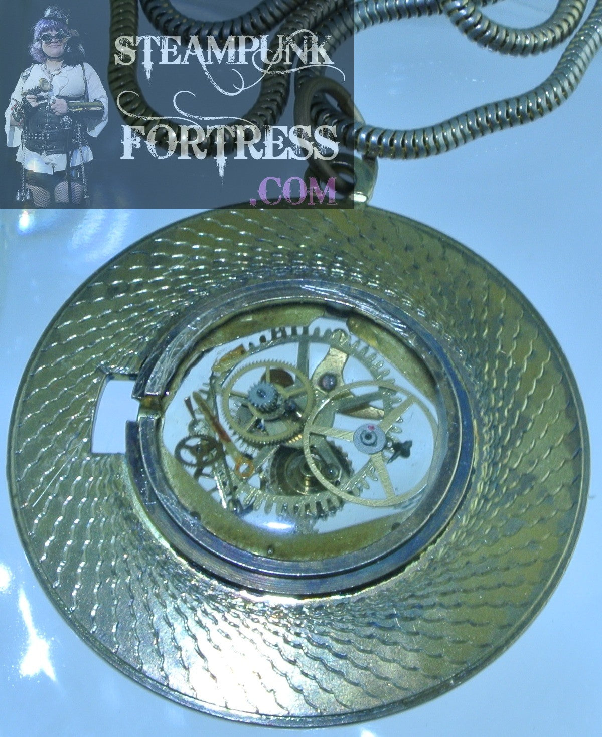 GOLD POCKET WATCH POCKETWATCH 2 SIDED GOLD AUTHENTIC GENUINE GEARS SNAKE CHAIN NECKLACE 2 SIDED REVERSIBLE STARR WILDE STEAMPUNK FORTRESS