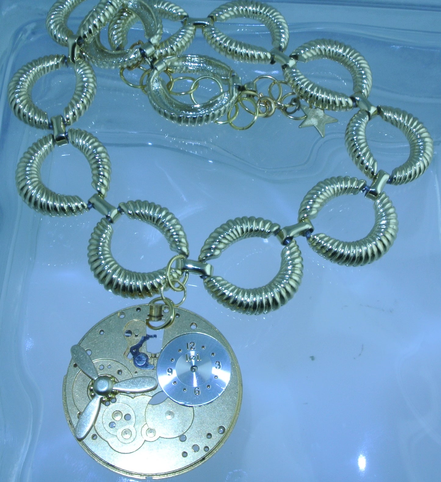 GOLD MOVEMENT WATCH CLOCK COMPLETE SILVER LEI FACE GOLD PROPELLER O LINK CHAIN NECKLACE STARR WILDE STEAMPUNK FORTRESS