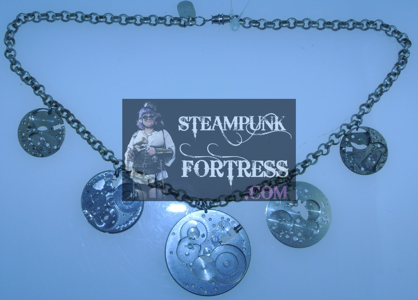 SILVER MOVEMENTS EMPTY AUTHENTIC GENUINE CLOCK WATCH 5 LARGE ROUND SILVER NECKLACE STARR WILDE STEAMPUNK FORTRESS