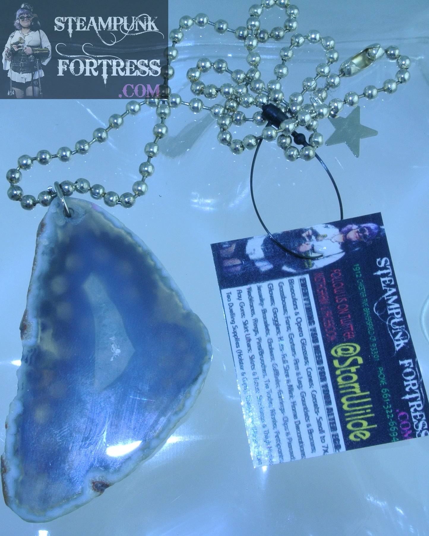 SILVER AMETHYST SLAB GEMSTONE STONE 3 SILVER ROUND GEARS NECKLACE 2 SIDED REVERSIBLE STARR WILDE STEAMPUNK FORTRESS