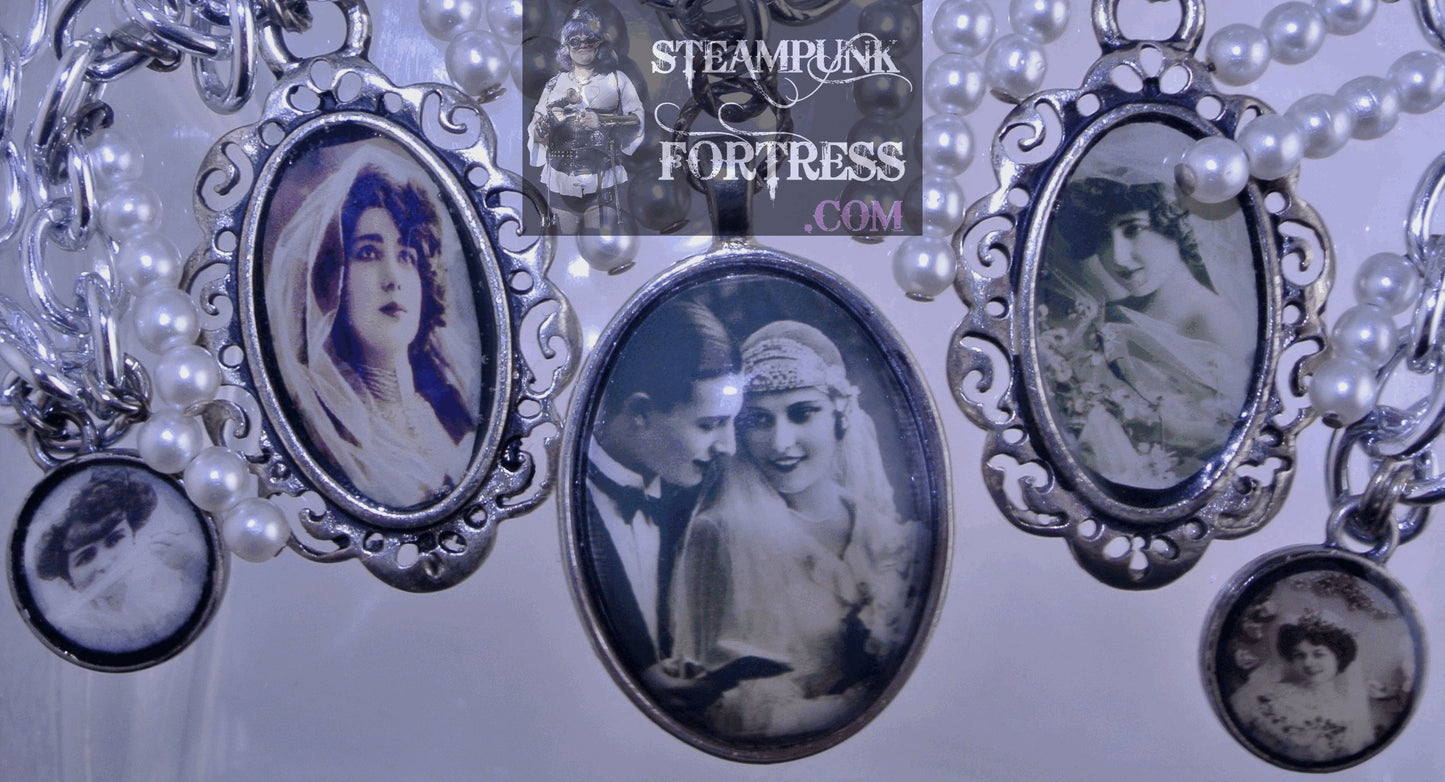 SILVER VINTAGE LADIES BRIDAL COUPLE SHOULDER 22X30 2 FANCY SILVER BRIDES VEILS 2 SMALL ROUNDS VEILS PEARLS NECKLACE SET AVAILABLE WEDDING STARR WILDE STEAMPUNK FORTRESS