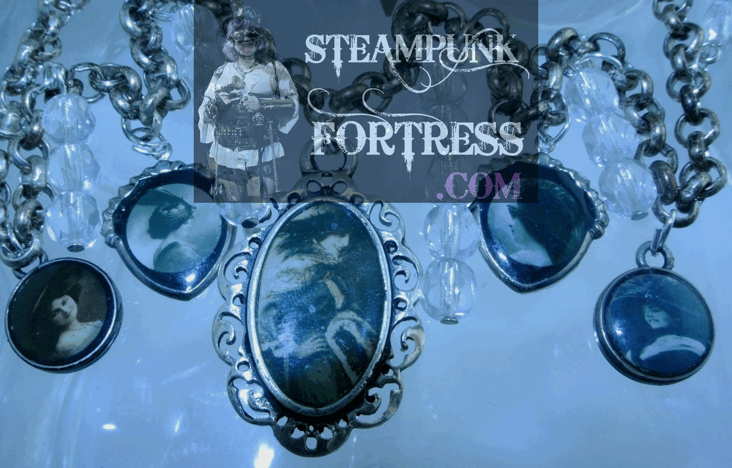 SILVER VINTAGE LADIES 5 HAT LADIES FANCY 2 SHIELD 2 ROUND HATS CLEAR SWAROVSKI CRYSTALS NECKLACE VICTORIAN STARR WILDE STEAMPUNK FORTRESS