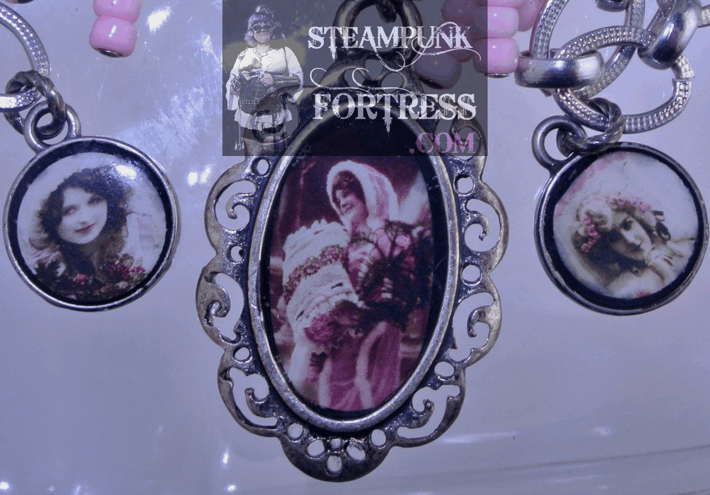 SILVER VINTAGE LADIES SNOWGIRL DARK PINK 2 SMALL ROUNDS LIGHT PINK PINK BEADS FANCY NECKLACE SET AVAILABLE STARR WILDE STEAMPUNK FORTRESS