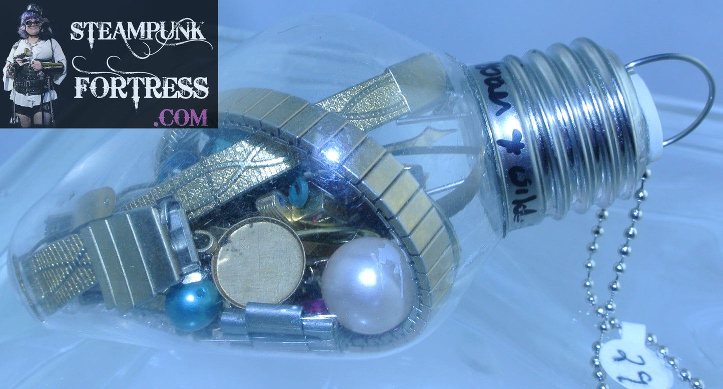 CHRISTMAS ORNAMENT LIGHTBULB LIGHT BULB #29 GOLD AUTHENTIC GENUINE WATCH CLOCK BANDS GREEN PINK PEARLS COLORED LIGHTBULBS CLEAR BEADS MOVEMENTS MISCELLANEOUS STARR WILDE STEAMPUNK FORTRESS