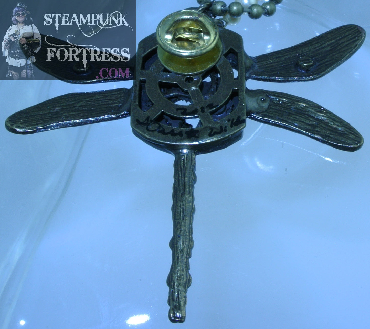 PIN BROOCH BRASS DRAGONFLY BRASS GEARS 1 3 PEARLS DROP GEMSTONES STONES MULTI USE VERSATILE NECKLACE STARR WILDE STEAMPUNK