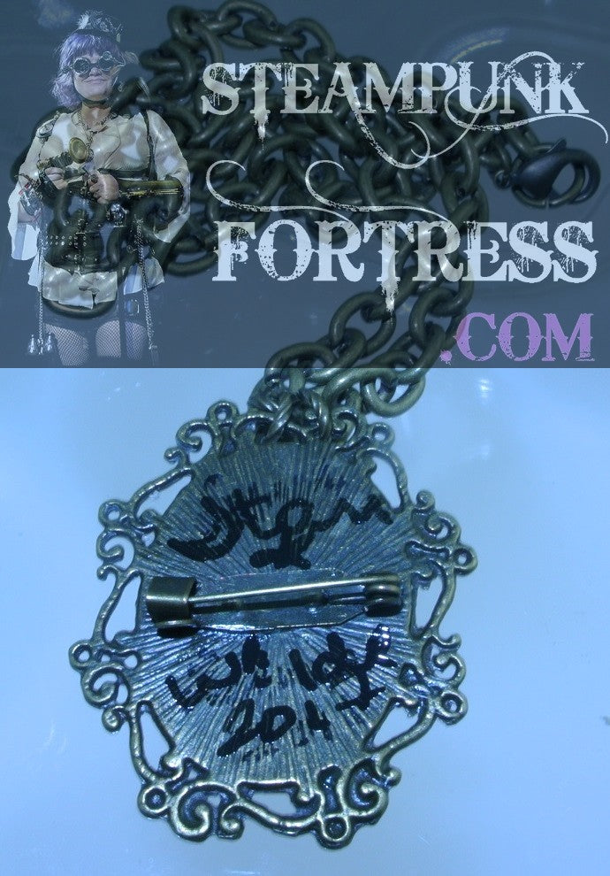 PIN BROOCH BRASS JASPER BROWN ZEBRA GEMSTONES STONES 4 ARM WATCH CLOCK GEAR NECKLACE MULTI USE VERSATILE STARR WILDE STEAMPUNK FORTRESS