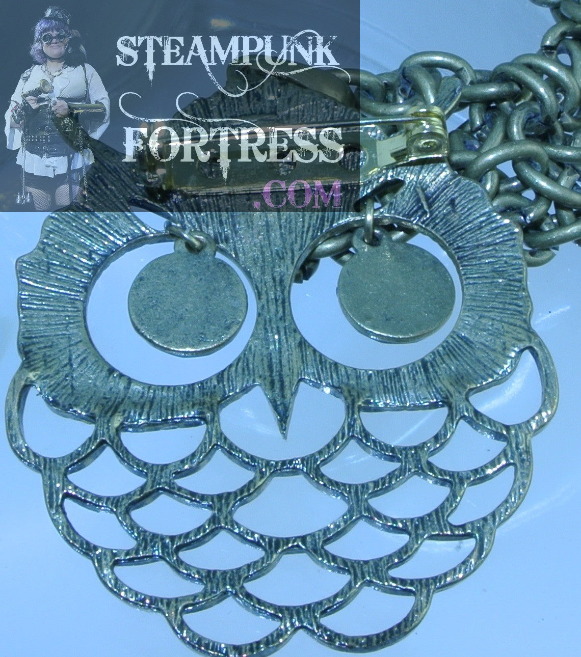 PIN BROOCH BRASS OWL BLACK RHINESTONE EYES NECKLACE MULTI USE VERSATILE STARR WILDE STEAMPUNK FORTRESS