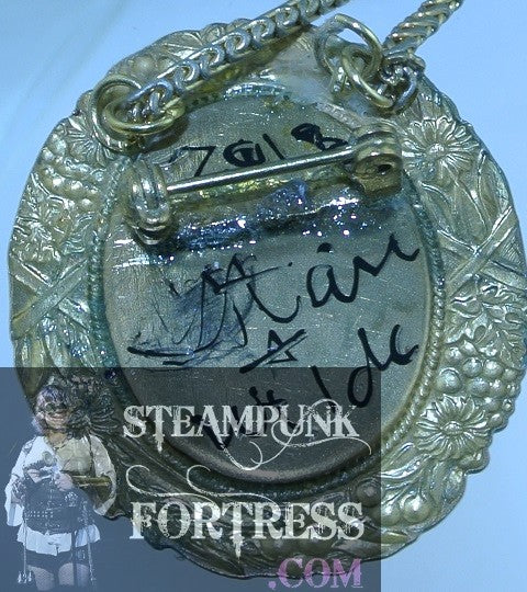 PIN BROOCH GOLD LAVA ROCK GEMSTONES STONES FOCAL CLEAR SWAROVSKI CRYSTALS INLAID AND 2 DROPS NECKLACE VERSATILE MULTI USE STARR WILDE STEAMPUNK FORTRESS