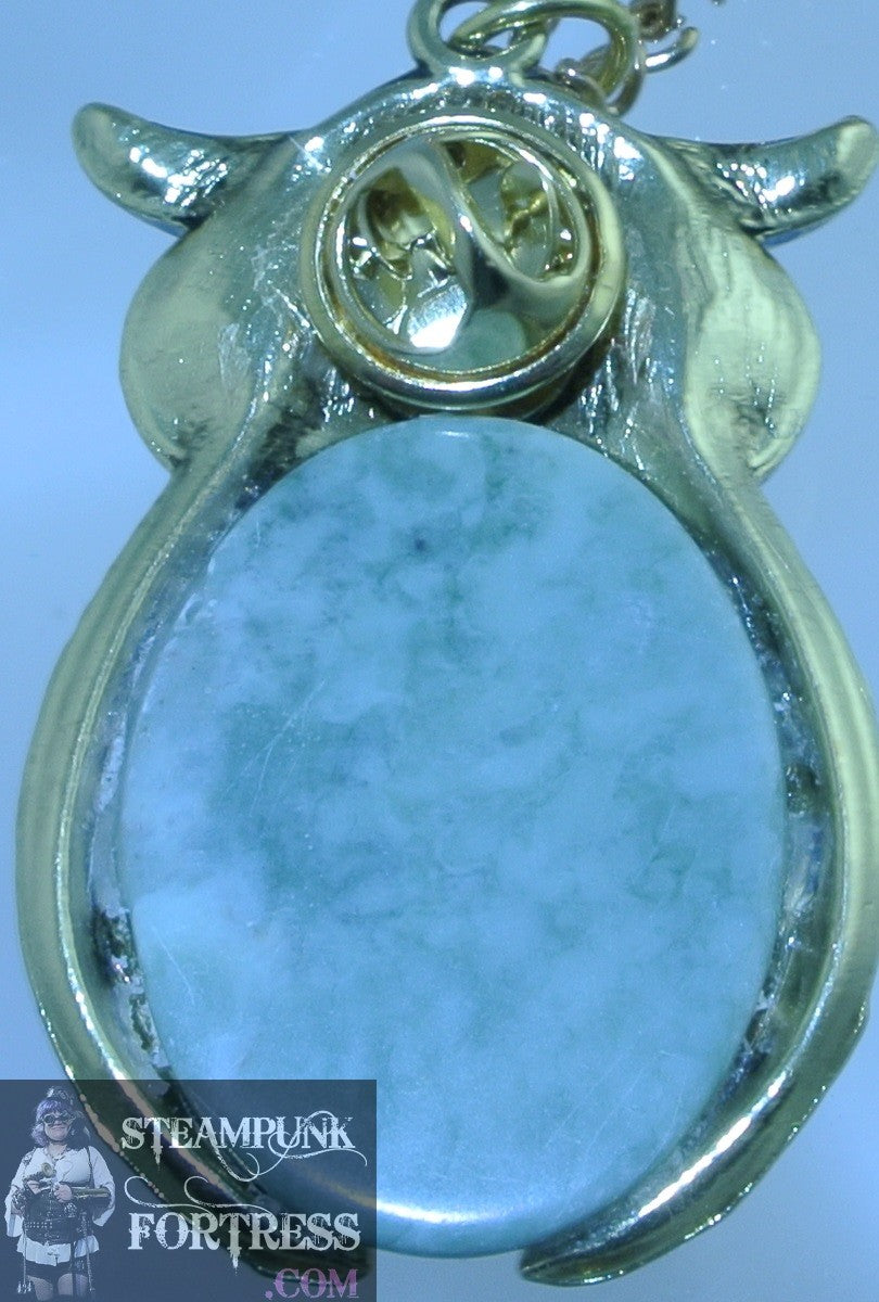 GOLD OWL GREEN MARBLE GEMSTONES STONES BELLY PIN BROOCH NECKLACE MULTI USE VERSATILE STARR WILDE STEAMPUNK FORTRESS