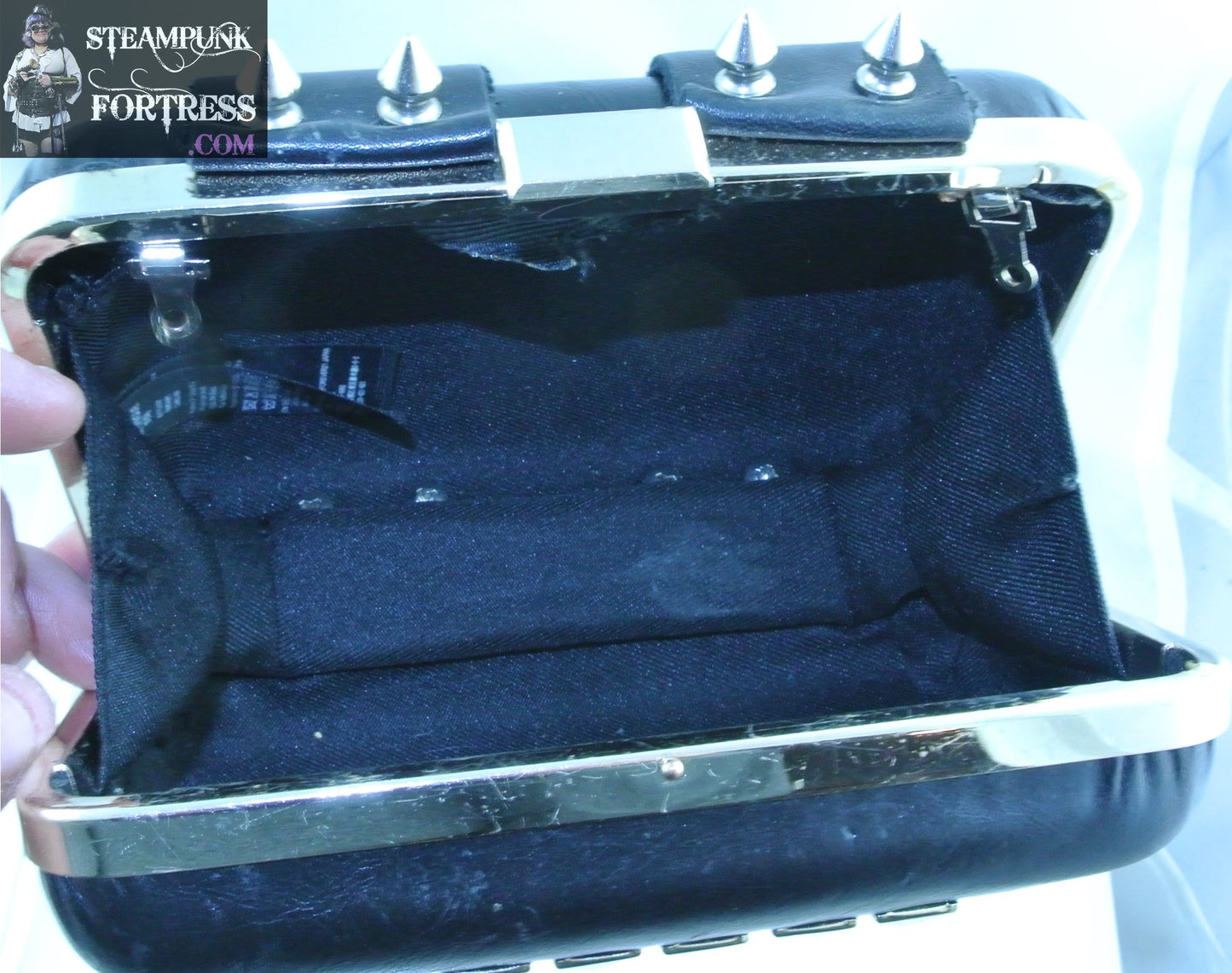 PURSE CLUTCH BLACK SILVER STUDS BELT SLIDE BAG STARR WILDE STEAMPUNK FORTRESS