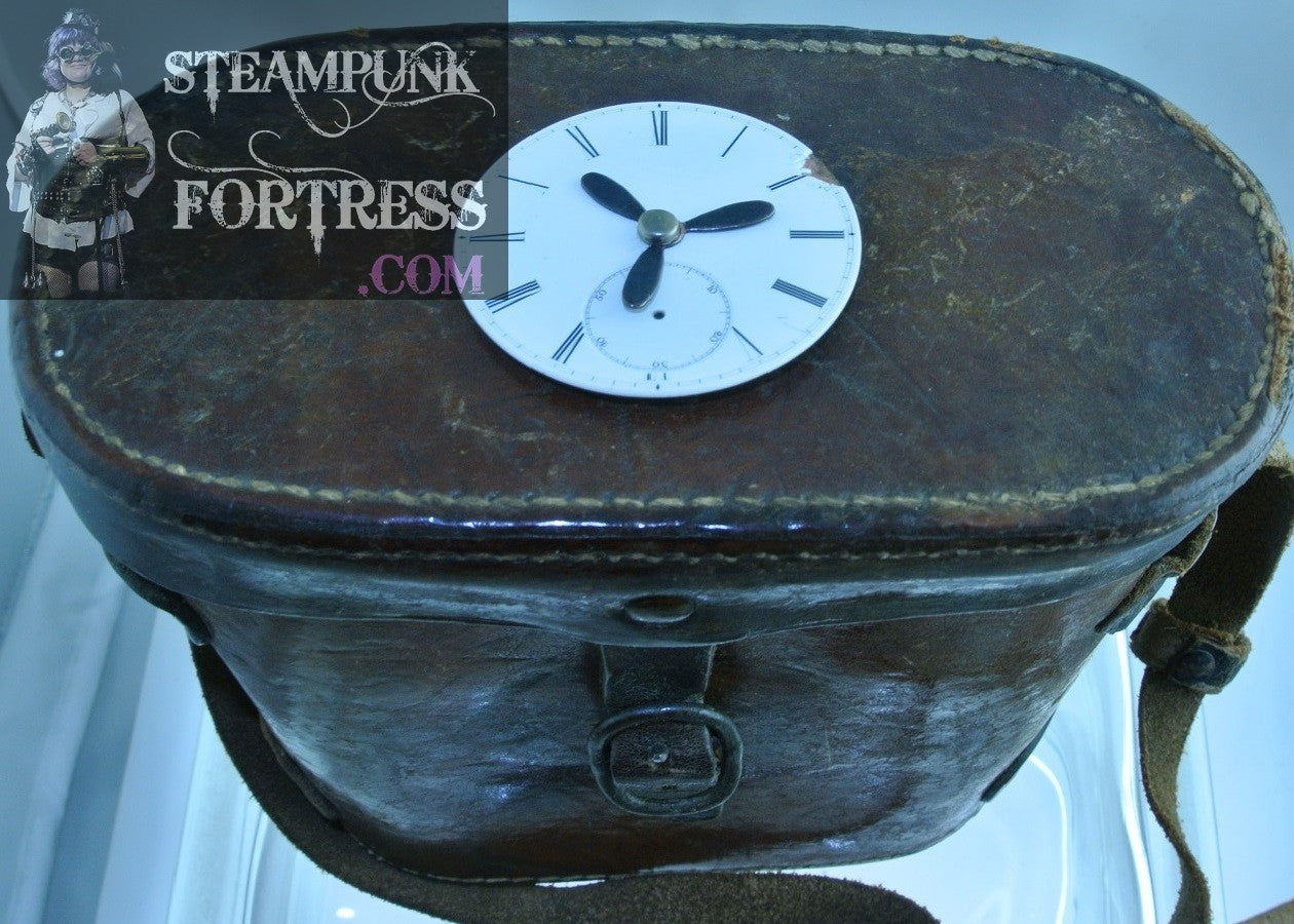 BROWN LEATHER BELT SLIDE PORCELAIN DIAL WATCH CLOCK FACE BLACK PROPELLER PURSE STARR WILDE STEAMPUNK FORTRESS