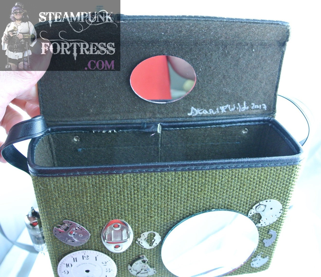 GREEN FABRIC BLACK TRIM PORCELAIN DIAL WATCH CLOCK FACE EMPTY MOVEMENTS VINTAGE TOP MIRROR FRONT ROCKET SIDES PURSE STARR WILDE STEAMPUNK FORTRESS
