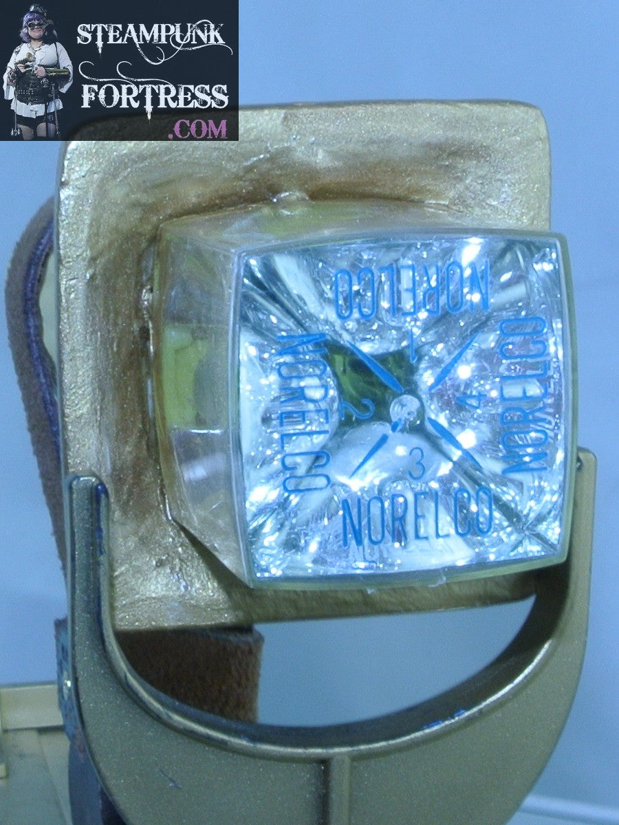 BROWN GOLD SHAKER ROCKET CUBE FRONT BROWN SUEDE WRAP BRASS GEARS RAY GUN STARR WILDE STEAMPUNK FORTRESS COSPLAY COSTUME