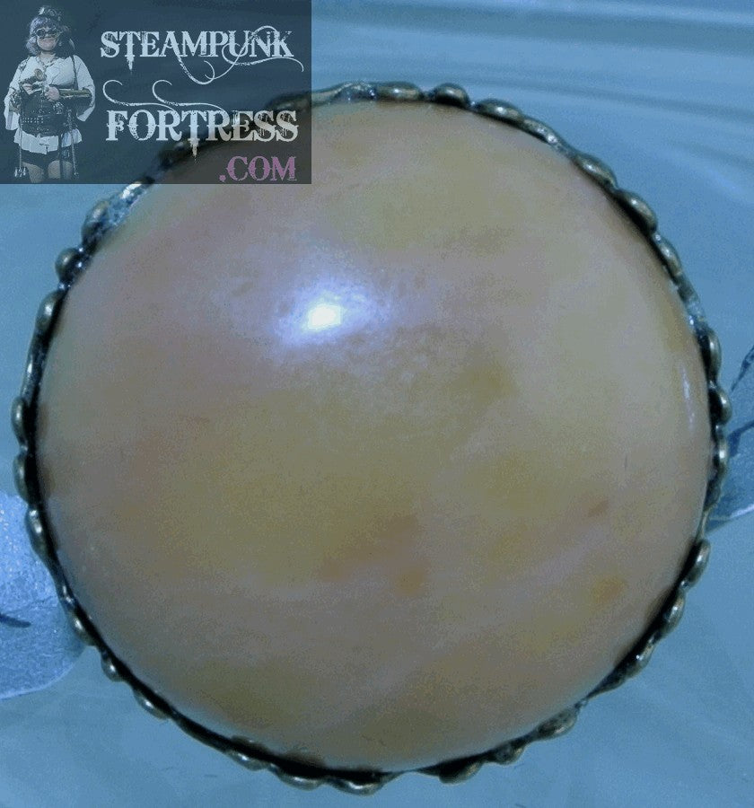 BRASS AVENTURINE PEACH GEMSTONES STONE ROUND BRASS FILIGREE ADJUSTABLE RING STARR WILDE STEAMPUNK FORTRESS