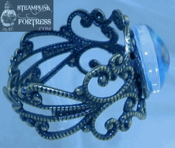 BRASS BLUE PUPIL EYES FILIGREE ADJUSTABLE RING STARR WILDE STEAMPUNK FORTRESS