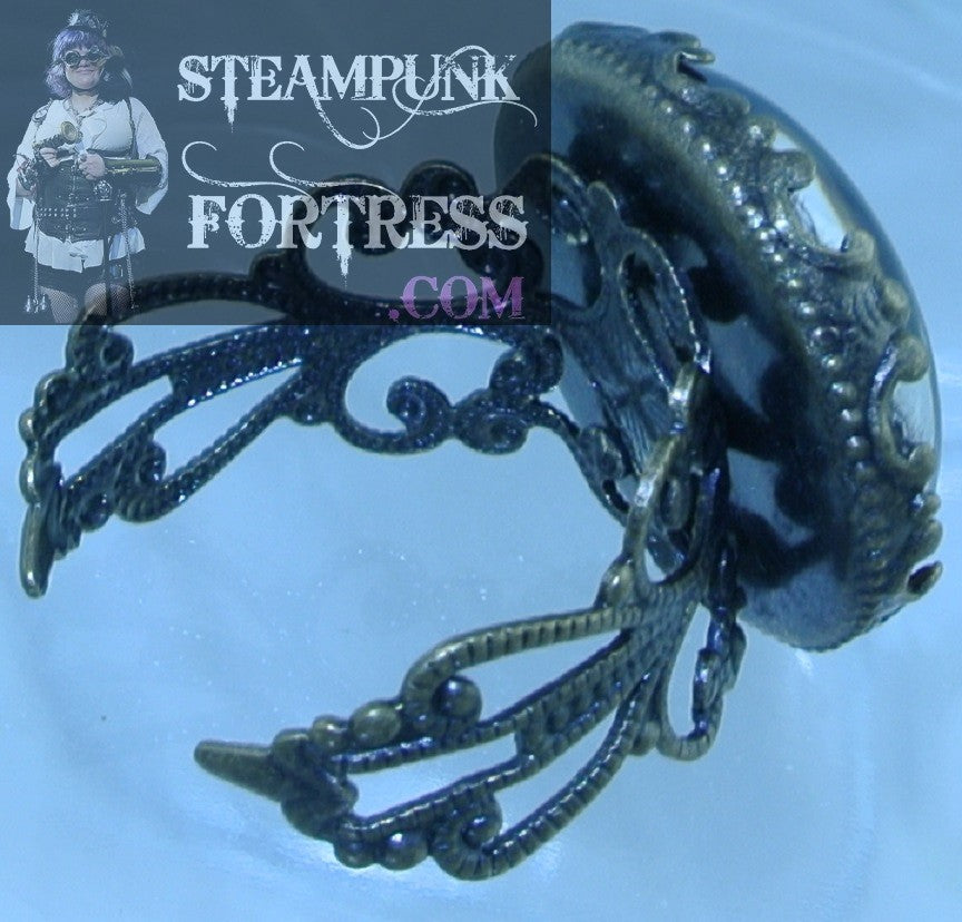 BRASS FILIGREE GREEN YELLOW EYE CAT PUPIL LIZARD DRAGON ADJUSTABLE RING STARR WILDE STEAMPUNK FORTRESS