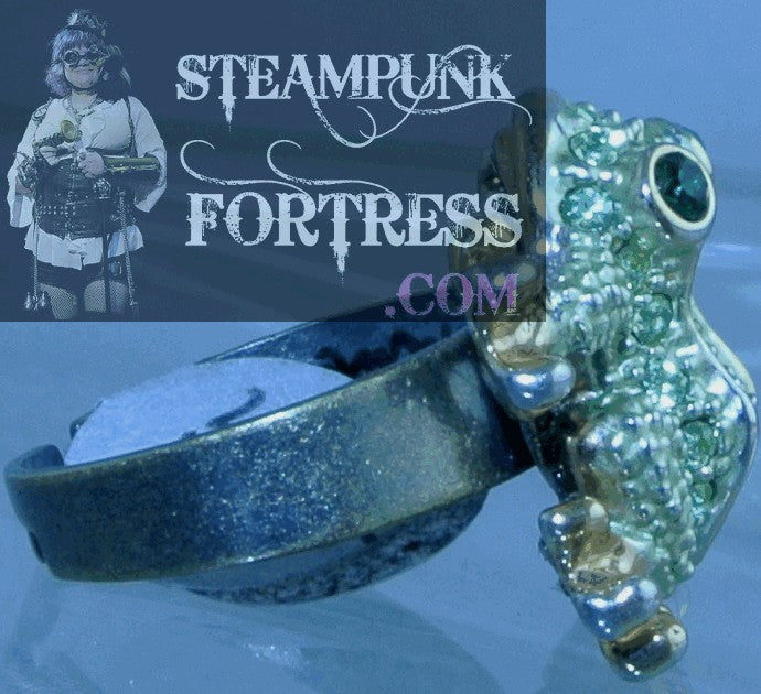 GOLD FROG GREEN RHINESTONES ADJUSTABLE BRASS RING STARR WILDE STEAMPUNK FORTRESS