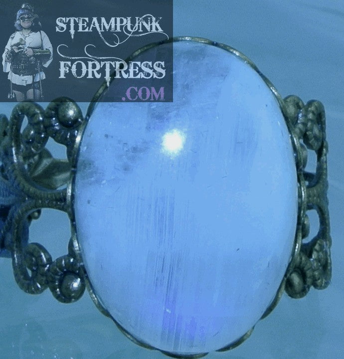 BRASS MOONSTONE GEMSTONES STONE OVAL FILIGREE 18MM X 13MM ADJUSTABLE RING STARR WILDE STEAMPUNK FORTRESS