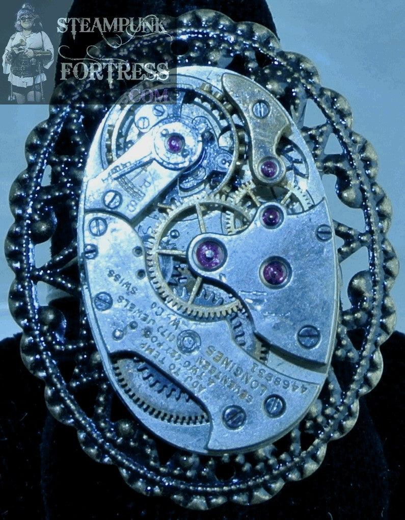BRASS MOVEMENT COMPLETE AUTHENTIC GENUINE CLOCK WATCH LONGINES SILVER OVAL FILIGREE ADJUSTABLE RING STARR WILDE STEAMPUNK FORTRESS