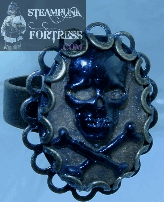 BRASS SKULL CROSSBONES BLACK ON GOLD LACE EDGE PIRATE HALLOWEEN ADJUSTABLE RING STARR WILDE STEAMPUNK FORTRESS