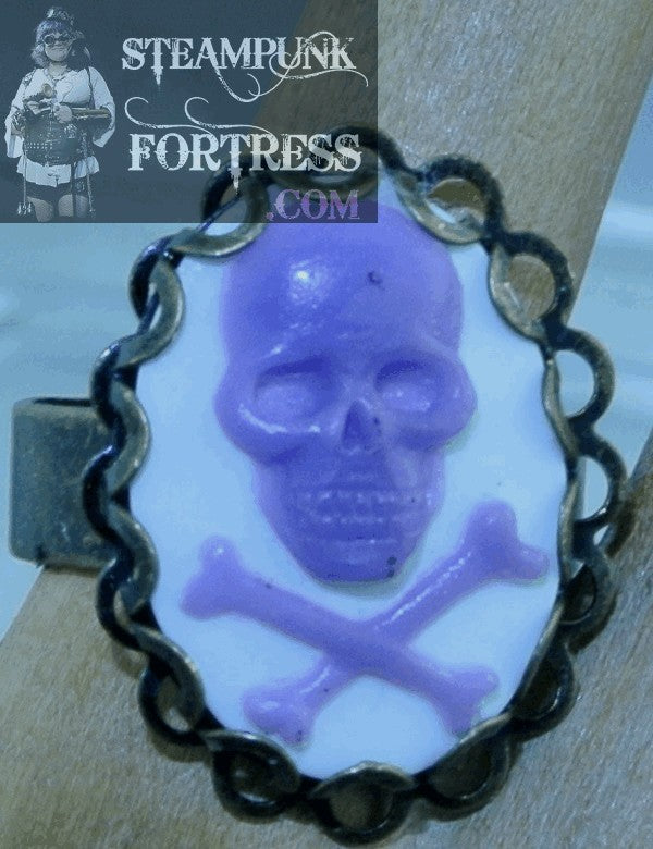 BRASS SKULL CROSSBONES PURPLE ON WHITE LACE EDGE PIRATE HALLOWEEN ADJUSTABLE RING STARR WILDE STEAMPUNK FORTRESS