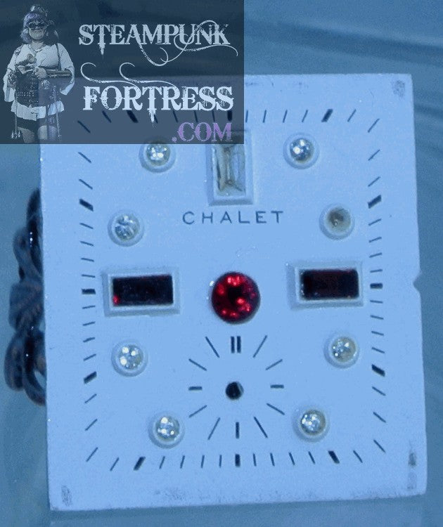 COPPER FACE CHALET WHITE RECTANGLE FACE AUTHENTIC GENUINE CLOCK WATCH DIAL RED SWAROVSKI CRYSTAL FILIGREE ADJUSTABLE RING STARR WILDE STEAMPUNK FORTRESS