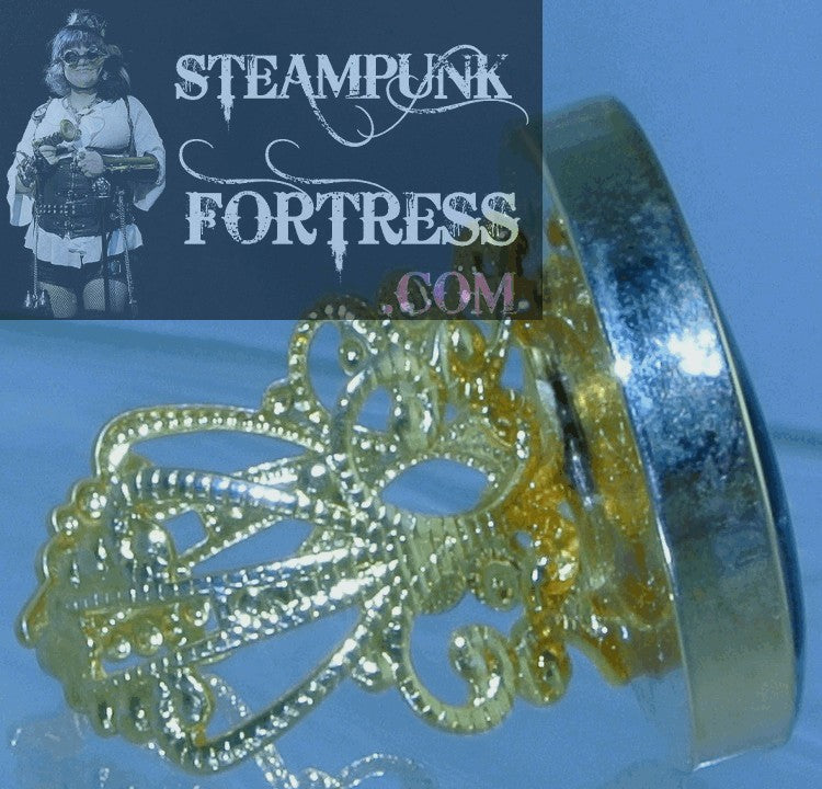 GOLD .75" AUTHENTIC GENUINE GEARS WATCH CLOCK CASE 3 SILVER SOLID GEARS PEG FILIGREE ADJUSTABLE RING STARR WILDE STEAMPUNK FORTRESS