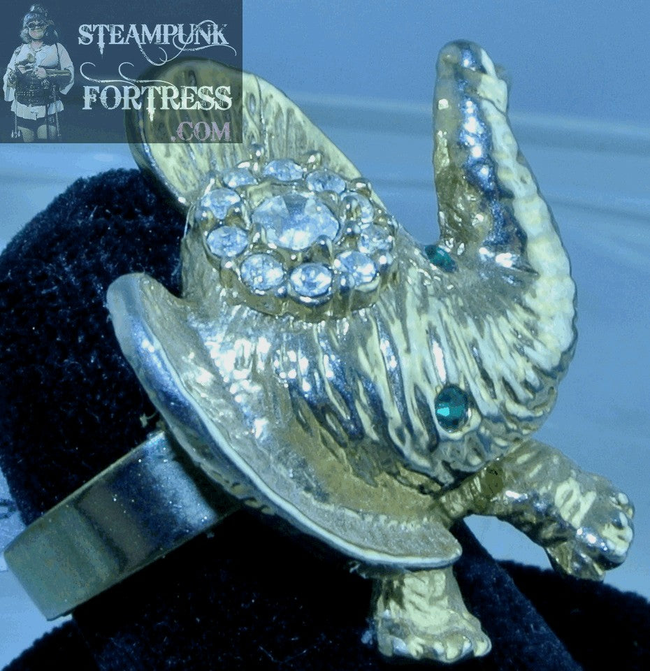 GOLD ELEPHANT CLEAR GREEN RHINESTONES ADJUSTABLE RING STARR WILDE STEAMPUNK FORTRESS