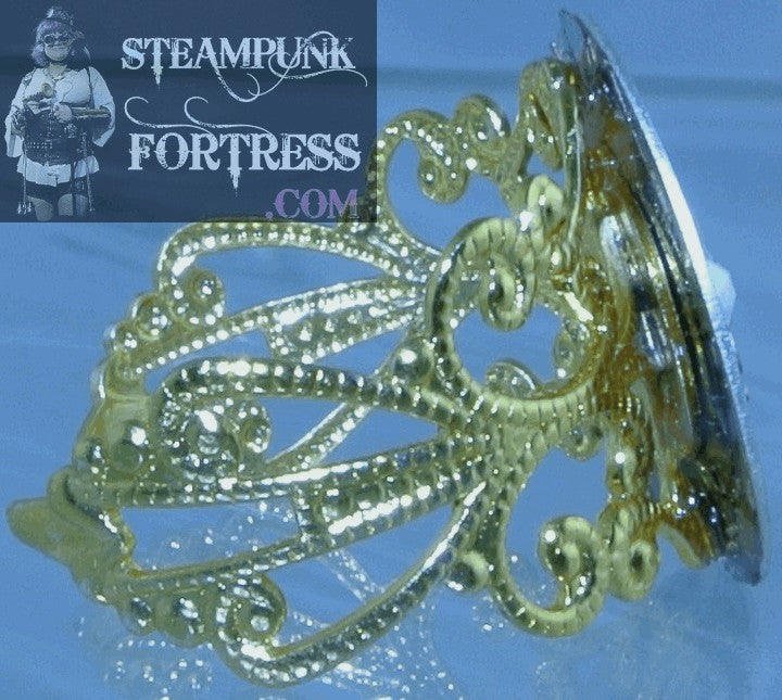 GOLD ETERNITY SILVER DIAL WATCH CLOCK AUTHENTIC GENUINE DIAL FACE AURORA BOREALIS AB SWAROVSKI CRYSTAL FILIGREE ADJUSTABLE RING STARR WILDE STEAMPUNK FORTRESS