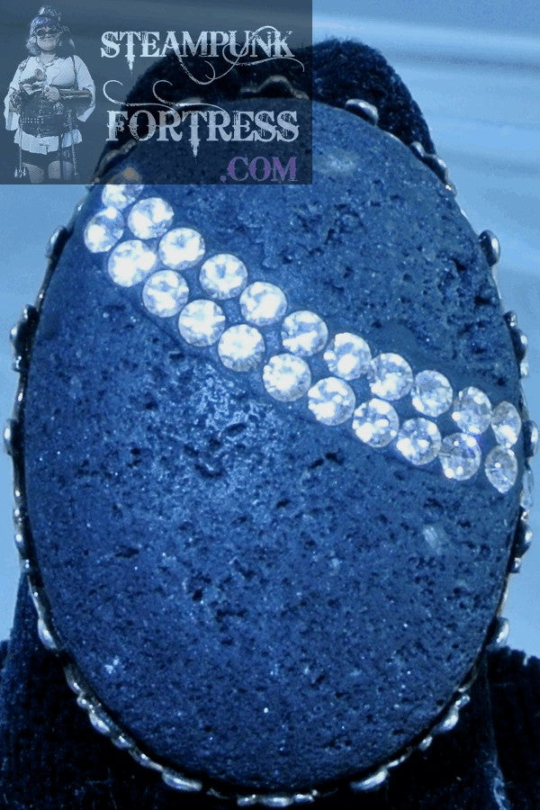 GUNMETAL LAVA ROCK GEMSTONES STONE CLEAR SWAROVSKI CRYSTALS LACE EDGE ADJUSTABLE RING STARR WILDE STEAMPUNK FORTRESS