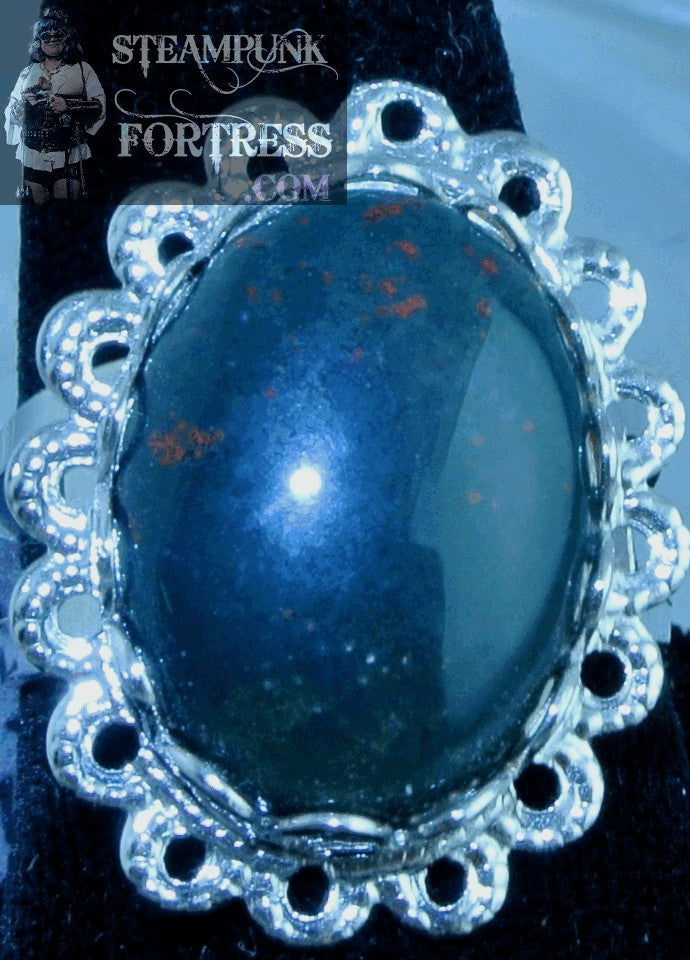 SILVER BLOODSTONE HELIOTROPE GEMSTONES STONE LACE EDGE ADJUSTABLE RING STARR WILDE STEAMPUNK FORTRESS