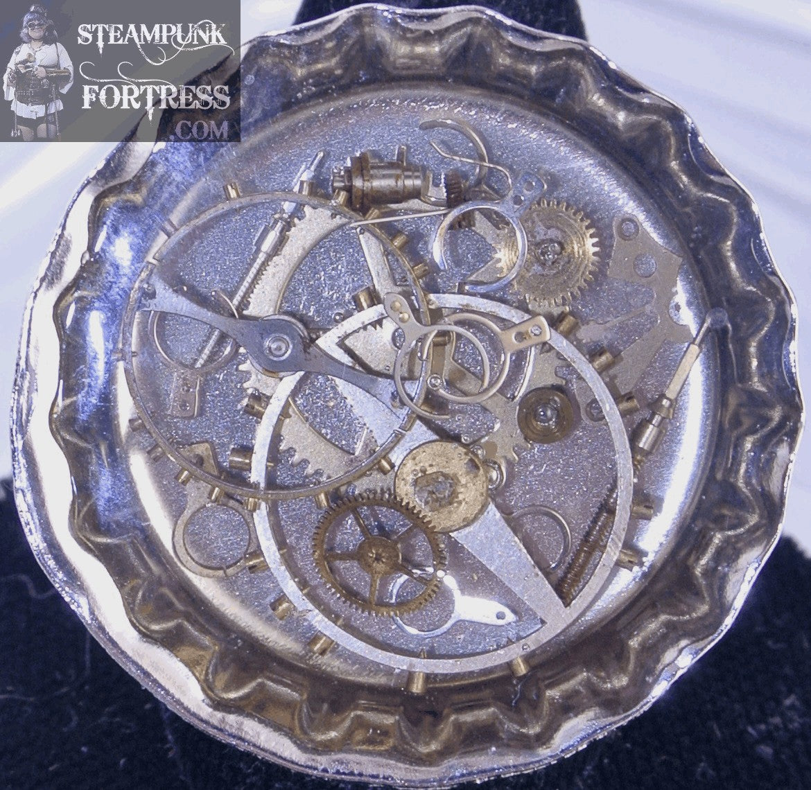 SILVER BOTTLECAP #4 SILVER WATCH GEARS CLOCK AUTHENTIC GENUINE ADJUSTABLE RING STARR WILDE STEAMPUNK FORTRESS