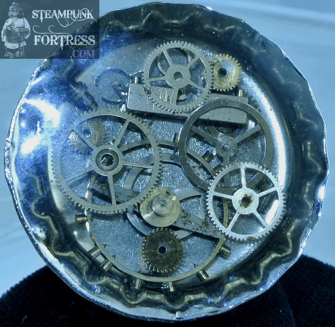 SILVER BOTTLECAP #5 GOLD GEARS CLOCK WATCH AUTHENTIC GENUINE ADJUSTABLE RING STARR WILDE STEAMPUNK FORTRESS