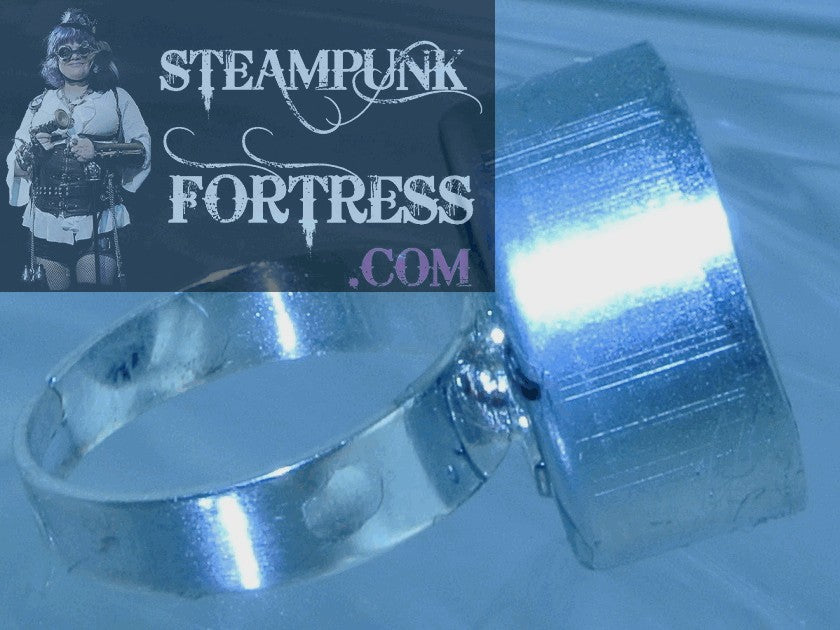 SILVER DEEP WELL GOLD GEARS DATE DIAL AUTHENTIC GENUINE WATCH CLOCK CASE ADJUSTABLE RING STARR WILDE STEAMPUNK FORTRESS