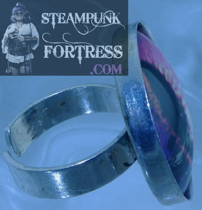 SILVER 1" ROUND EYE CATS PINK PURPLE HALLOWEEN ADJUSTABLE RING STARR WILDE STEAMPUNK FORTRESS
