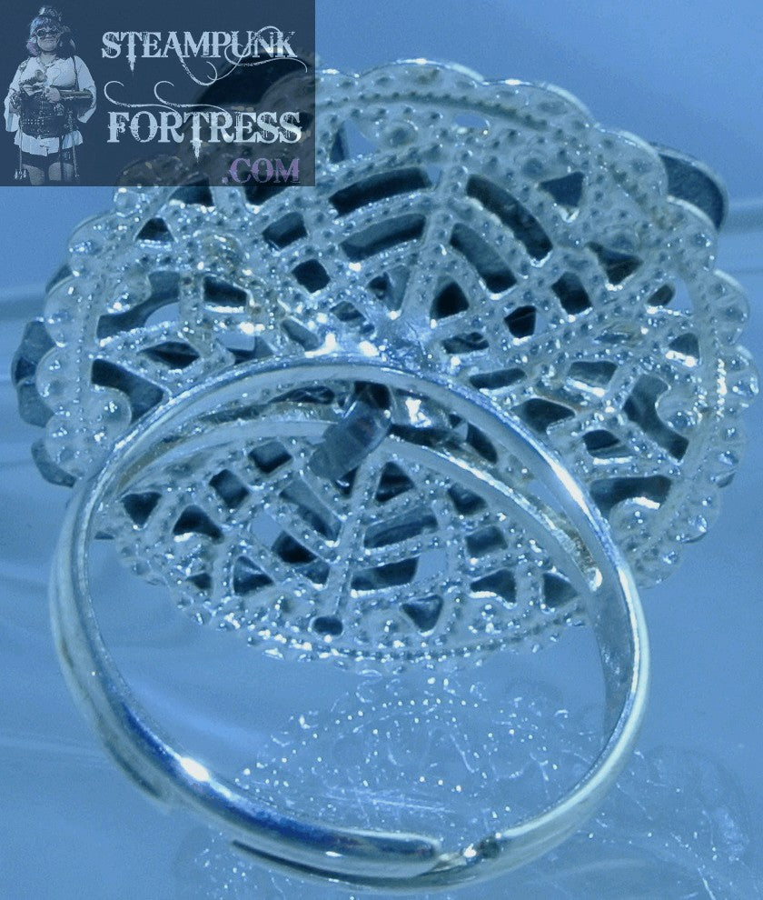 SILVER GEAR 5 ARM PROPELLER FIDGET SPINNER KINETIC SPINS SPINNING WATCH CLOCK PINK PEARL CENTER SILVER OVAL FILIGREE ADJUSTABLE RING STARR WILDE STEAMPUNK FORTRESS