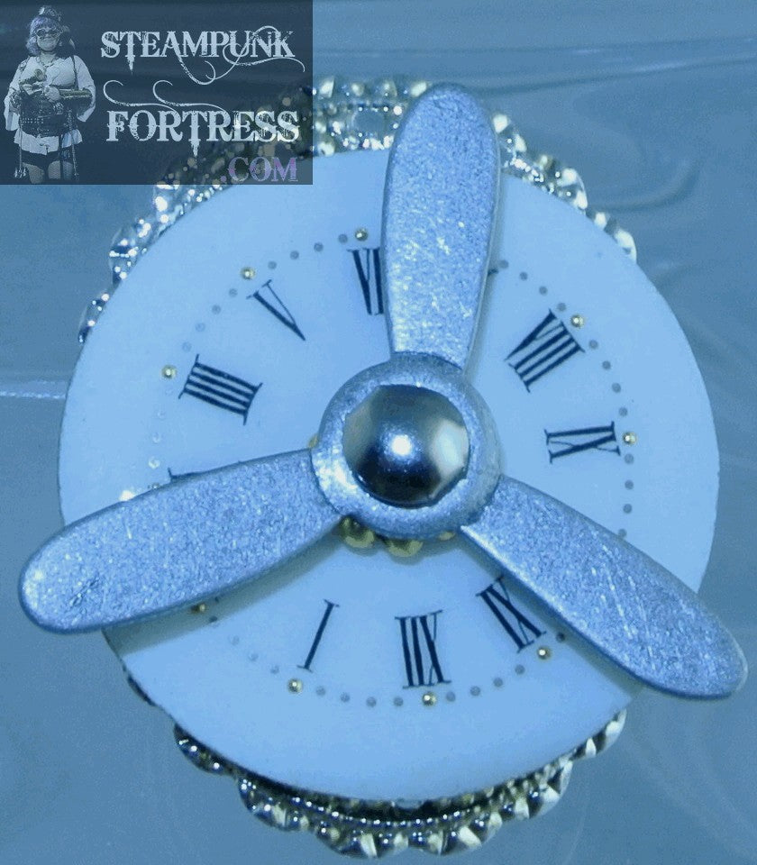 SILVER FACE PORCELAIN DIAL FACE 3 ARM PROPELLER FIDGET SPINNER KINETIC SPINNING SPINS AUTHENTIC GENUINE WATCH CLOCK OVAL FILIGREE ADJUSTABLE RING STARR WILDE STEAMPUNK FORTRESS