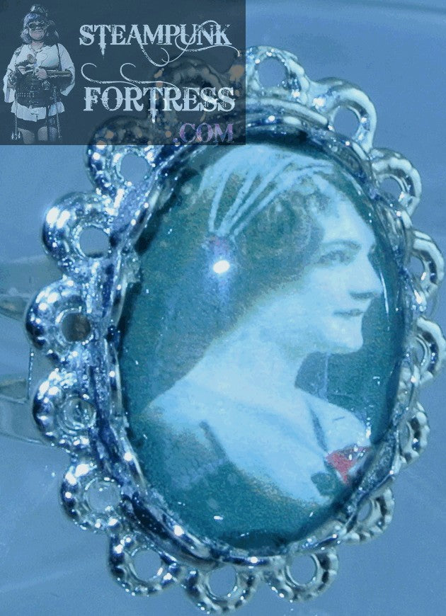 SILVER VINTAGE LADIES BRUNETTE SIDE RED ROSE LACE EDGE ADJUSTABLE RING STARR WILDE STEAMPUNK FORTRESS