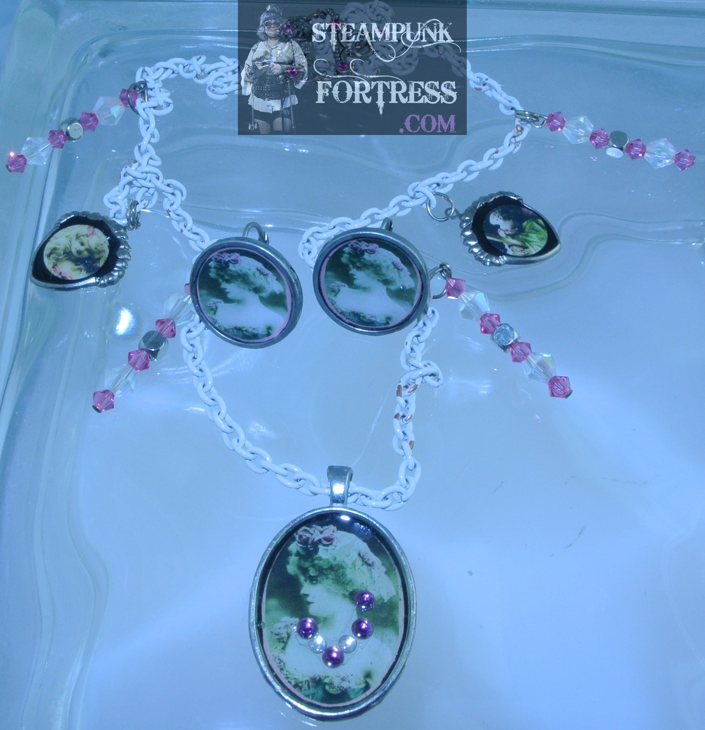 WHITE VINTAGE LADIES WHITE WIG SIDE LADY 2 SHIELDS PINK CLEAR SWAROVSKI WHITE NECKLACE SET AVAILABLE STARR WILDE STEAMPUNK FORTRESS